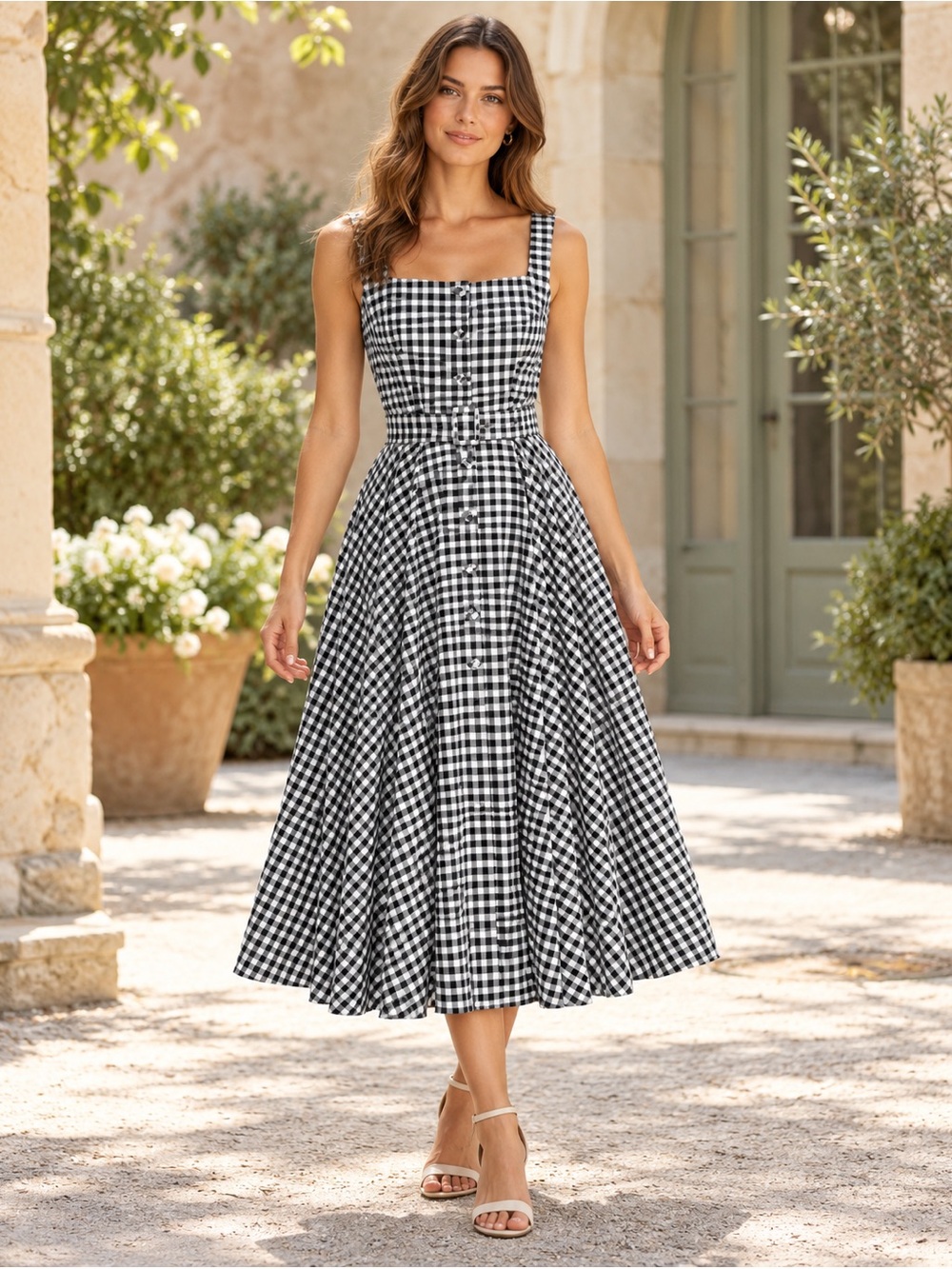 Commense Black and White Gingham Square-Neck Midi Dress